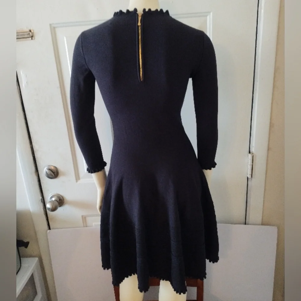 Kate Spade Sweater Knit Pointelle Dress Ruffle Neck Sleeves Fit & Flare Academia